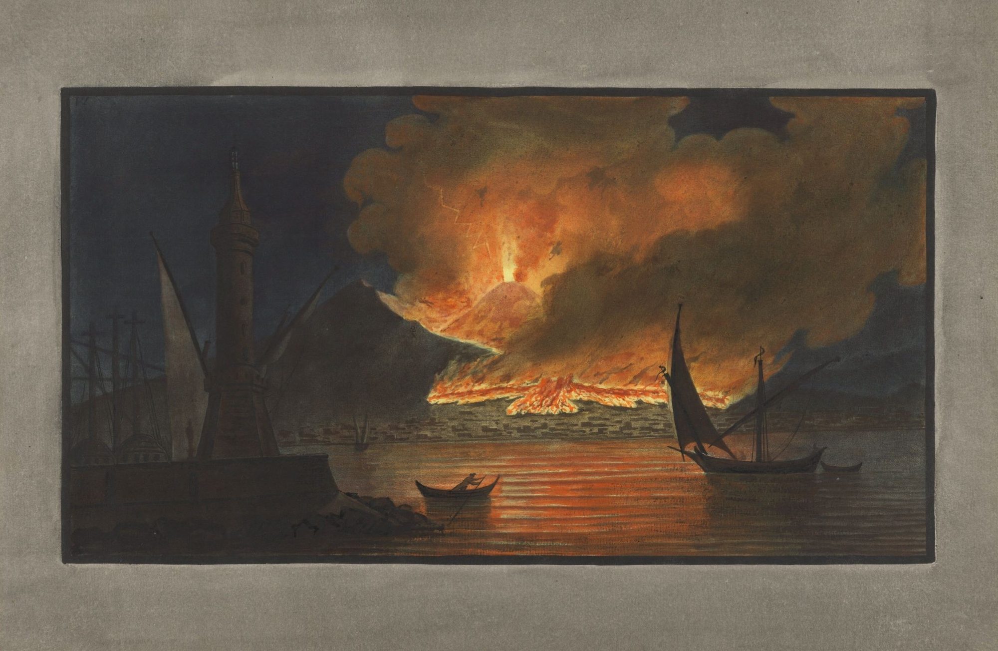 A hand-coloured night scene of Vesuvius erupting across the Bay of Naples, lava glowing and reflected in dark water, small sailing boats in the foreground