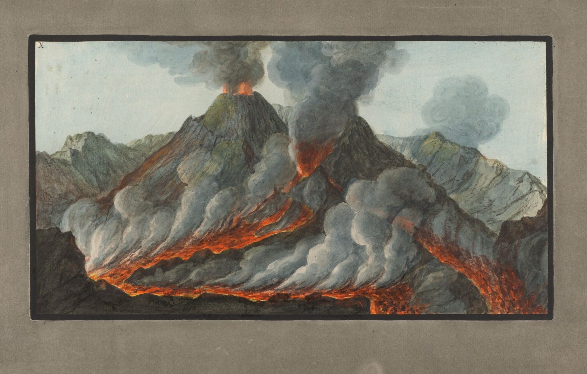A hand-coloured view of Vesuvius from above, smoke pouring from the summit cone and red lava streams running down its flanks