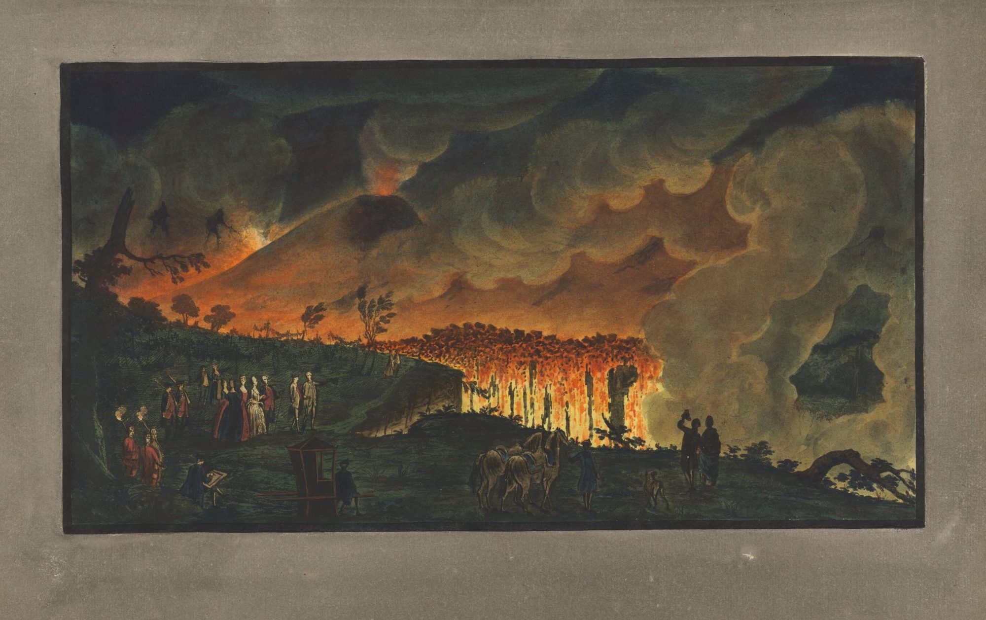 A night scene of a lava flow pouring down a slope, lit orange against dark smoke, with small figures of spectators watching from the foreground