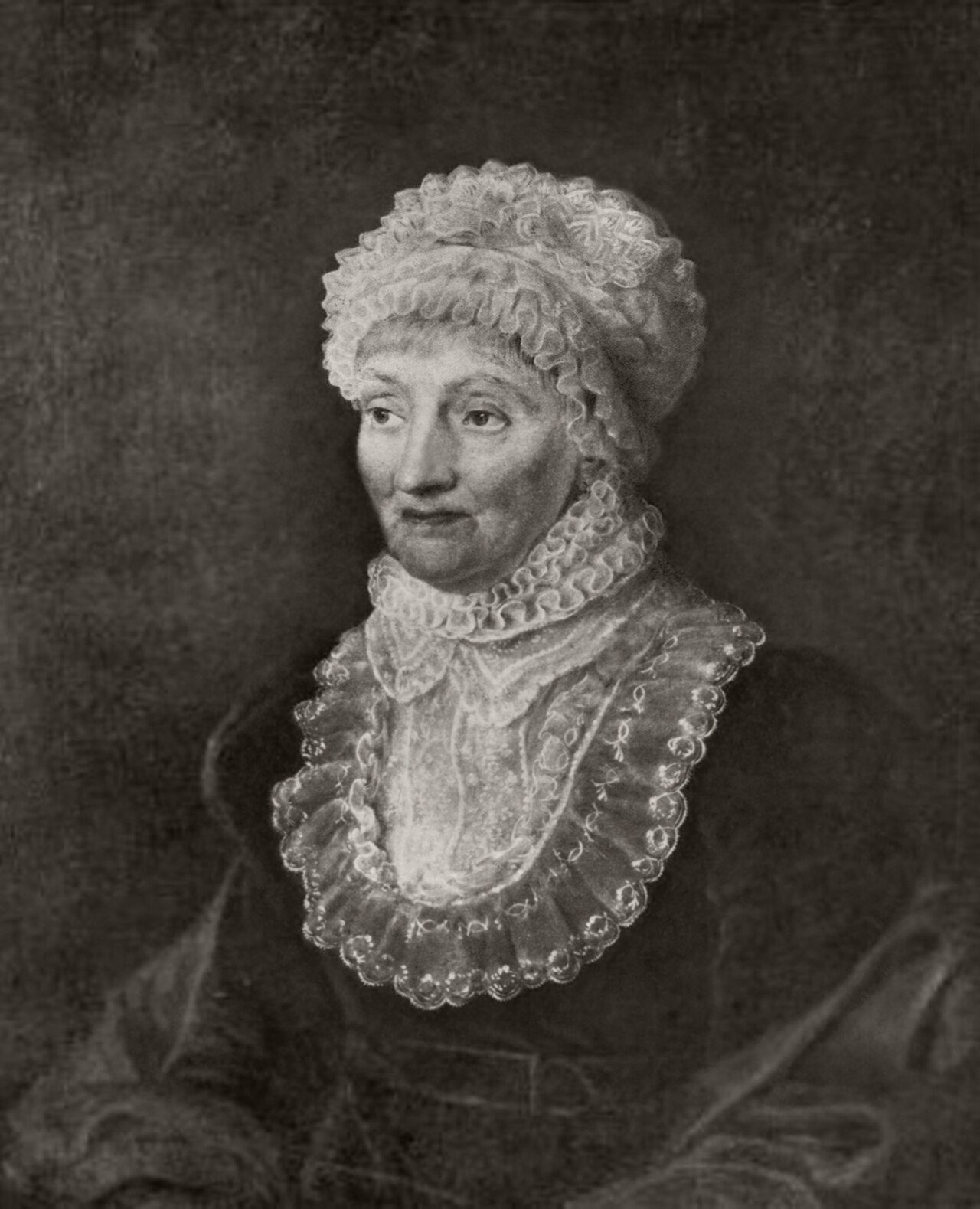 Portrait of an elderly Caroline Herschel in a lace bonnet and ruff