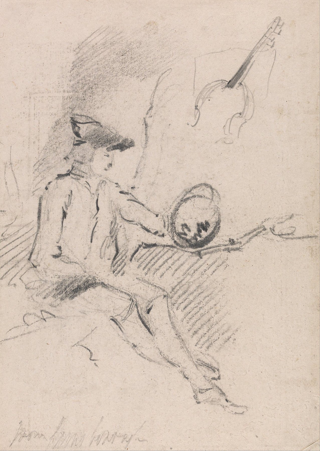 A pencil sketch by Gainsborough of a seated man in a tricorn hat holding up a small round mirror