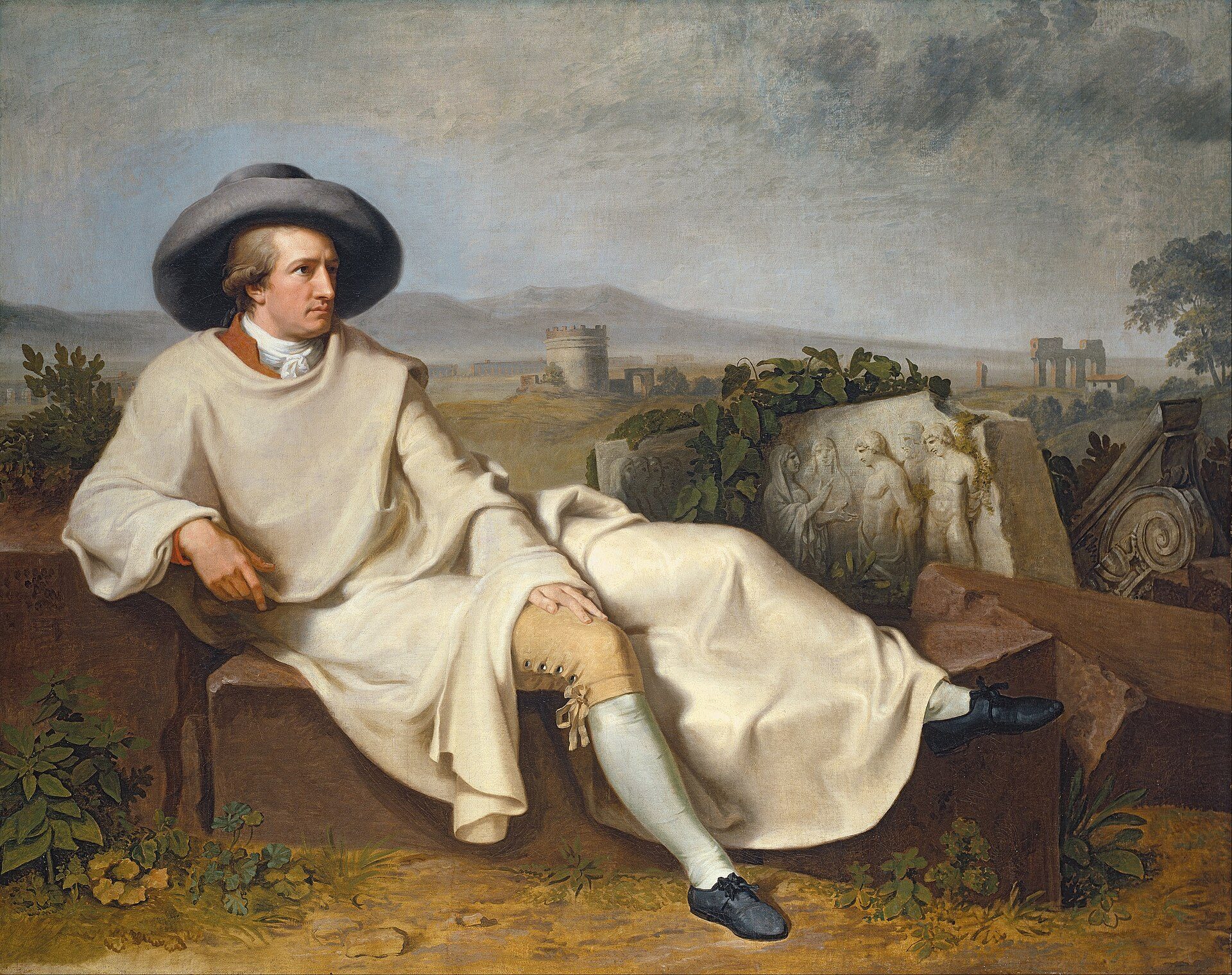 Tischbein's painting of Goethe reclining in a white travelling cloak and broad hat among Roman ruins