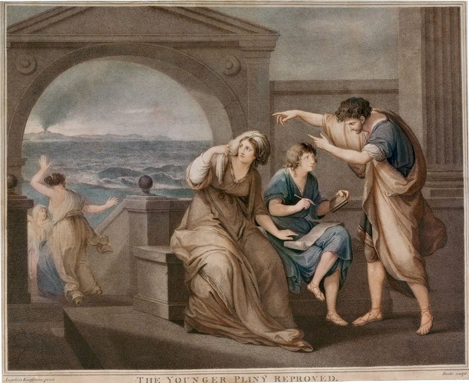 A coloured eighteenth-century print of a Roman youth reading at a table while his mother clutches him and an older man points urgently at a smoking volcano across the bay