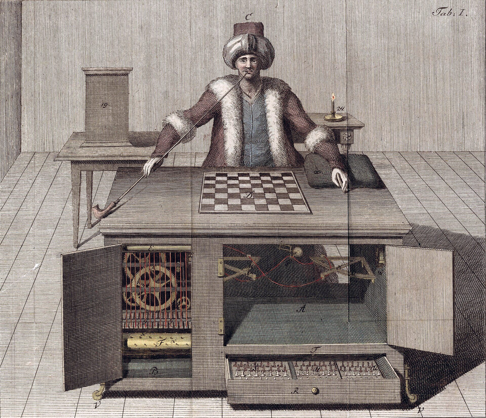 An eighteenth-century engraving of the Mechanical Turk, a carved figure in a turban and fur-trimmed robe seated behind a cabinet with a chessboard, its doors open to show gears inside