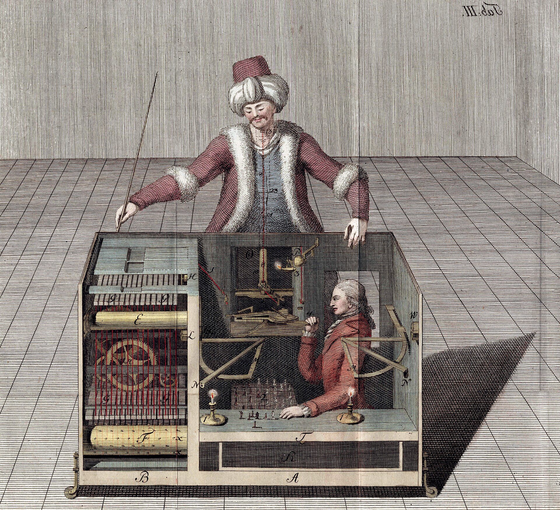 An engraving showing a cutaway view of the Turk's cabinet with a man seated inside it, working the mechanism and reading a small chessboard