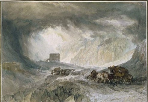 Turner's watercolour of a coach and horses struggling through a howling snowstorm on a bleak mountain pass, a stone refuge half-hidden in cloud