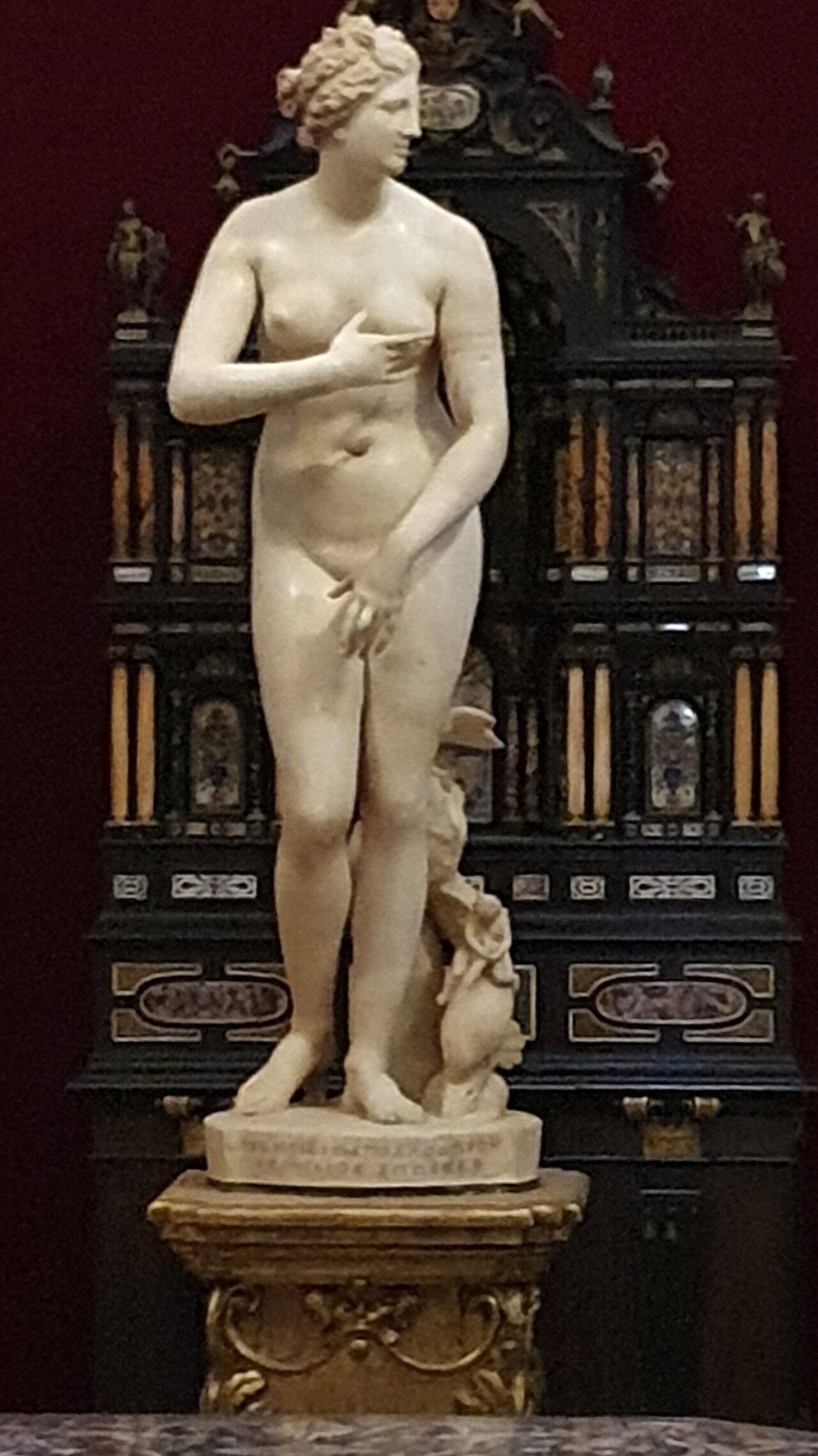 The Venus de' Medici, a white marble nude in the modest pose, standing in front of a dark ornate cabinet in the Tribuna