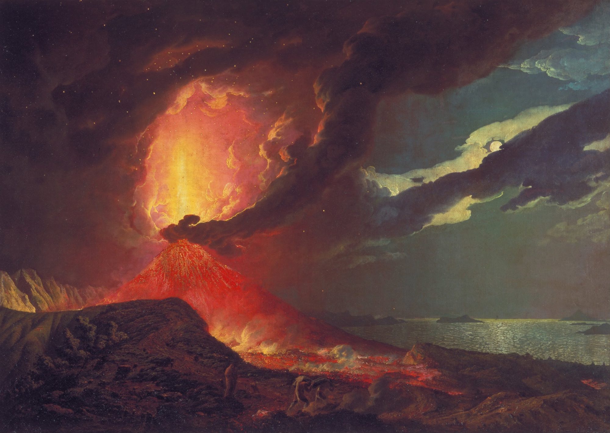 A dramatic night painting of Vesuvius erupting, lava pouring down its flank and fire reflected in the bay
