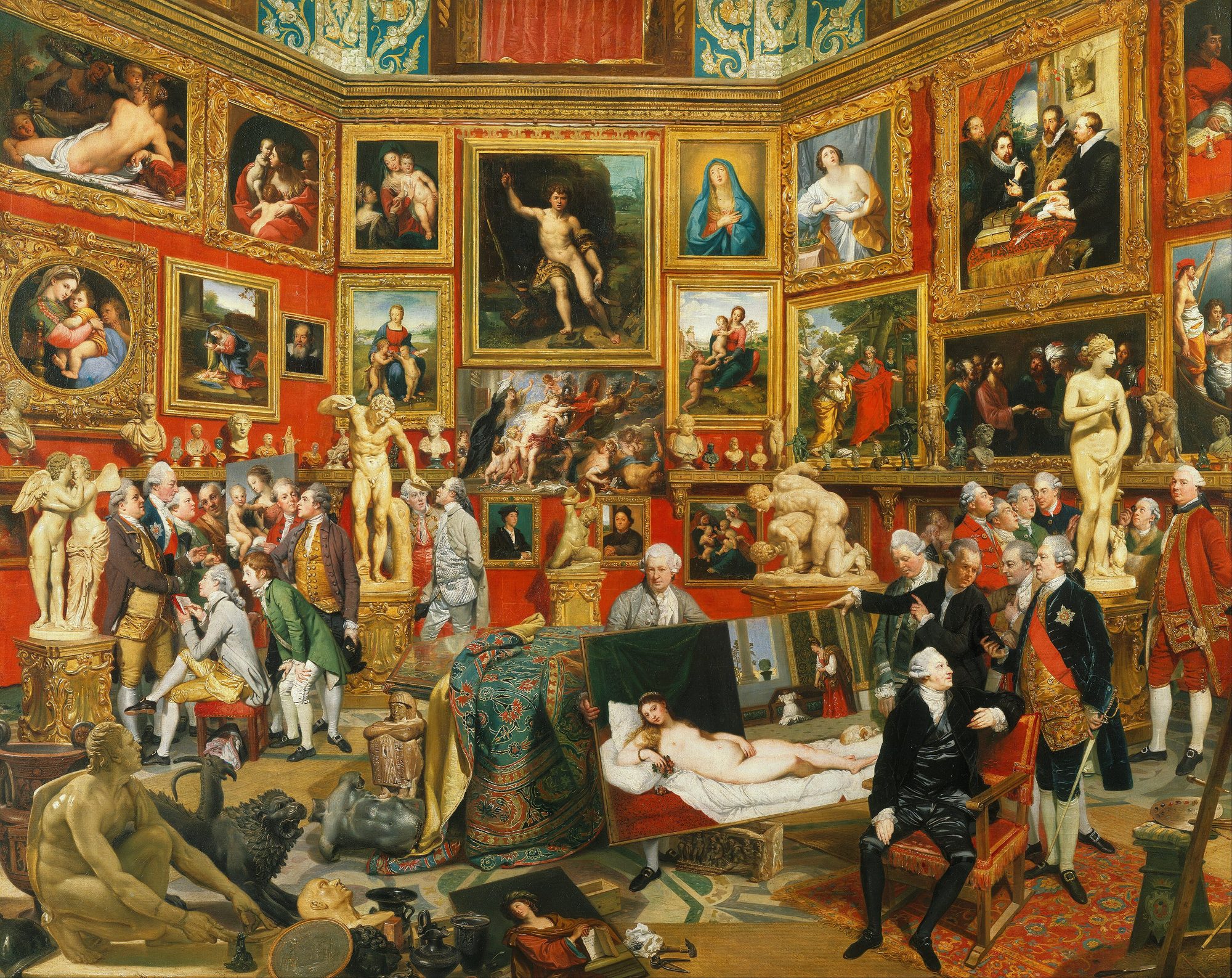 Zoffany's crowded painting of the octagonal Tribuna room, its red walls hung floor to ceiling with paintings, and English gentlemen clustered around classical statues